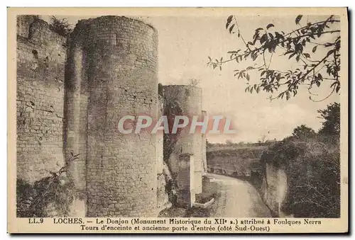 Cartes postales Chateau Loches Le donjon Tours d'enceinte et ancienne porte d'entree