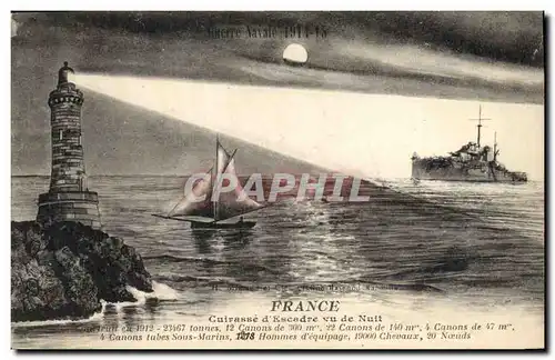 Cartes postales Bateau de Guerre France Cuirasse d'escadre vu de nuit Phare