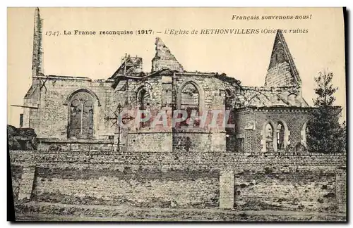 Cartes postales Militaria L'eglise de Rethonvillers en ruines