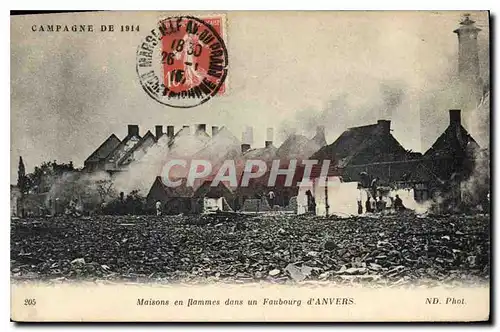 Cartes postales Militaria Maisons en flammes dans un Faubourg d'Anvers
