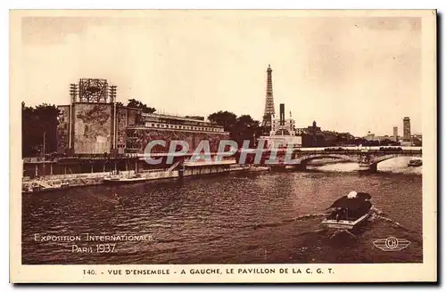 Cartes postales Exposition Internationale Paris 1937 Vue d'ensemble A Gauche le Pavillon de la CGT Tour Eiffel