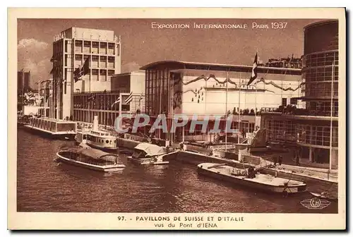 Cartes postales Exposition Internationale Paris 1937 Pavillons de Suisse et d'Italie vus du Pont d'Iena