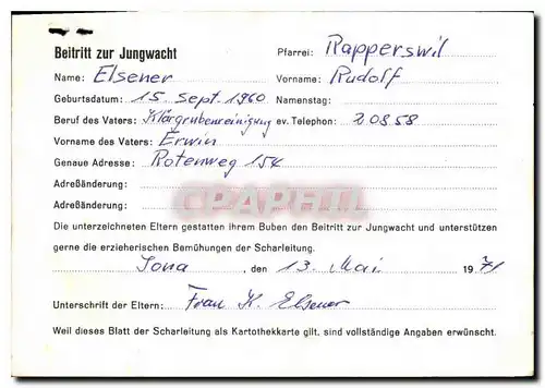 Carte lettre Beitritt zur Jungwacht Rapperswill Rudolf