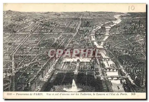 Cartes postales Panorama de Paris Vue a vol d'oiseau sur les Tuileries le Louvre et l'Est de Paris