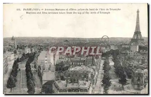 Cartes postales Paris VIII Avenues Marceau et d'Iena prises du haut de l'Arc de Triomphe Tour Eiffel