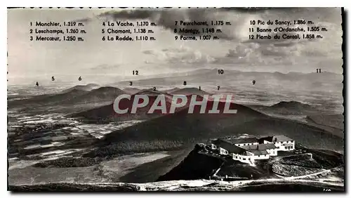 Cartes postales Sommet du Puy de Dome Vue panoramique sur la chaine des Puys Sud et massifs du Mont Dore et Sanc