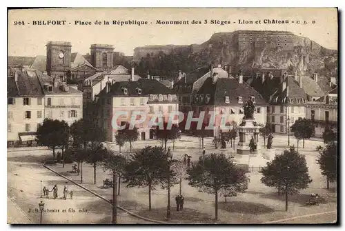 Ansichtskarte AK Belfort Place de la Republique Monument des 3 Sieges Lion et Chateau