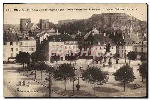 Cartes postales Belfort Place de la Republique Monument des 3 Sieges Lion et Chateau