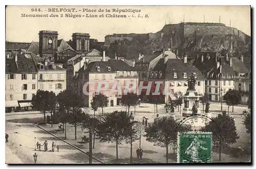Cartes postales Belfort Place de la Republique Monument des 3 Sieges Lion et Chateau
