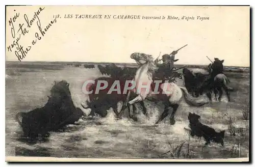 Cartes postales Les Taureaux en Camargue traversant le Rhone d'apres Vayson
