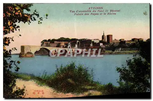 Cartes postales Avignon Vue d'ensemble du Pont St Benezet Palais des Papes et le Rhone