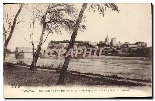 Cartes postales Avignon Ensemble du Pont Benezet et Palais des Papes (prise de l'ile de la Barthelasse)