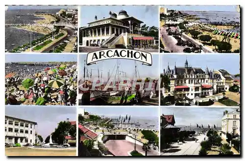 Cartes postales Arcachon de G a D La Plage et les Jetees La Plage La Poste Le Casino Mauresque Les Sardiniers Le