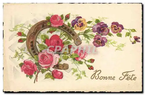 Cartes postales Bonne fete Fleurs Fer a cheval