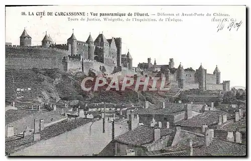 Cartes postales Cite de Carcassonne vue panoramique de l'Ouest defenses et Avant porte du chateau tour de justic