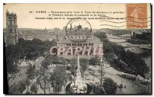 Cartes postales Paris Panorama pris vsers la Tour St Jacques (a gauche) le Theatre Sarah Bernhardt et la Seine