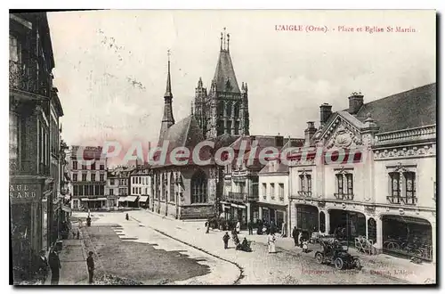 Cartes postales L'Aigle Place Et Eglise St Martin Automobile