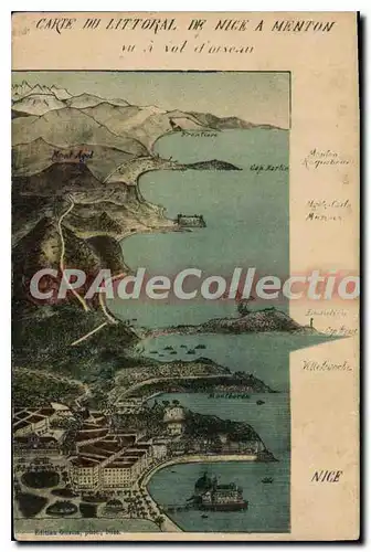 Cartes postales carte du littoral de Nice � Menton vu � vol d'oiseau