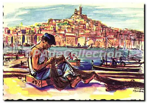 Moderne Karte Marseille Remaillage Des Filets Sur Le Vieux Port illustrateur Georges Potier
