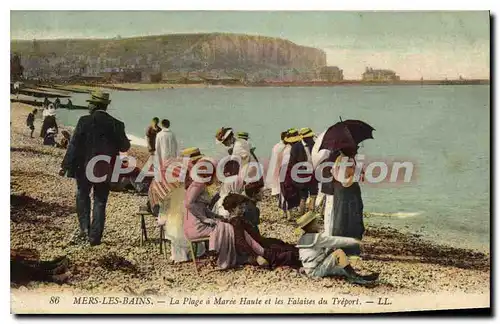 Cartes postales Mers Les Bains La Plage A Maree Haute Et Les Falaises Du Treport