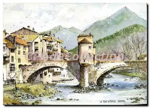 Moderne Karte Le Pont a Peage de Sospel aquarelle originale de Robert Lepine