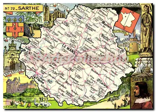 Moderne Karte Sarthe Forme en 1790 du Maine et de portions Henri II roi d'Andieierre Jean le Bon roi de Franc
