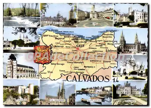 Moderne Karte Calvados Clecy St Sever Vire Creully Caen Bayeux pont L'eveque Lisieux Falaise la Delivrande Is