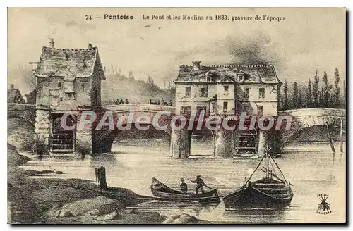 Cartes postales Pontoise Le Pont et les Moulins en 1833 gravure de l'epoque