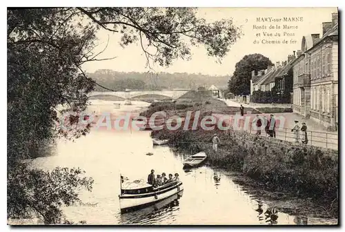 Cartes postales Mary sur Marne Bords de la Marne et vue du pont du chemin de fer barques