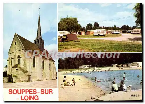 Moderne Karte Souppes sur Loing (Seine et Marne) L'Eglise St Clair Le Camping la Plage