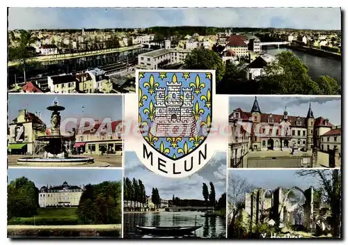 Moderne Karte Melun et ses Environs (Seine et Marne) Panorama sur la Ville et les deux bras de la Seine La pl