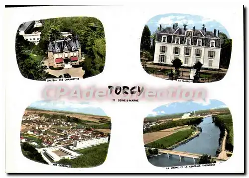Moderne Karte Torcy (S et M) Chateau des Charmettes La mairie Vue generale La marne et la centrale thermique