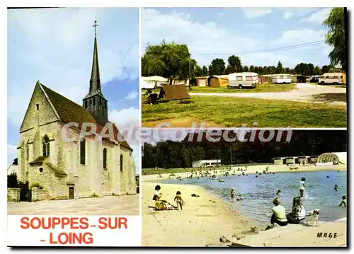 Moderne Karte Souppes sur Loing (Seine et Marne) L'Eglise St Clair Le Camping La PLage