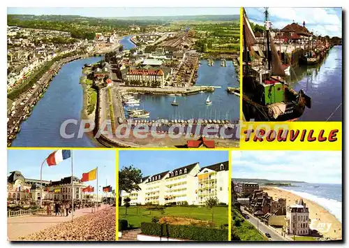 Moderne Karte Trouville Calvados vue aerienne sur la Touques et le port de plaisance le casino le camp Cordie