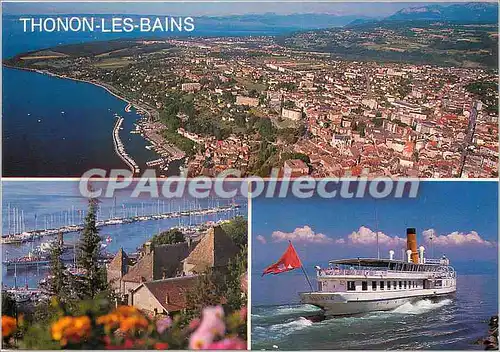 Cartes postales moderne Thonon les Bains (Haute Savoie France) Vue aerienne Le Port Le bateau la Suisse