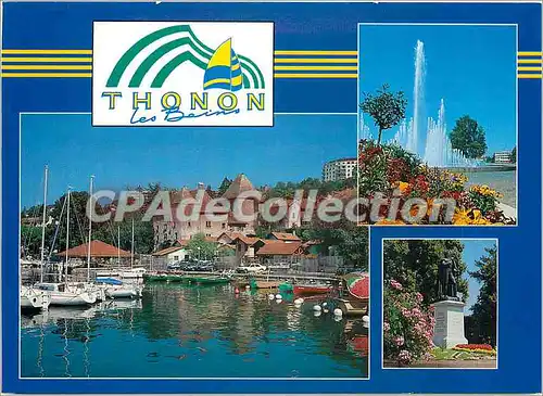 Cartes postales moderne Thonon les Bains Haute Savoie France le port de Rives Le jet d'eau Statue general Dessaix