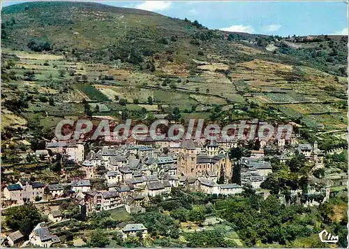 Moderne Karte Conques (Aveyron) Vue generale aerienne au centre son Eglise Abbatiale du XIIe s