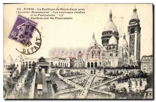 Cartes postales Paris Basilique du Sacre Coeur avec l'Escalier Monumental Les Nouveaux Jardins et le Funiculaire