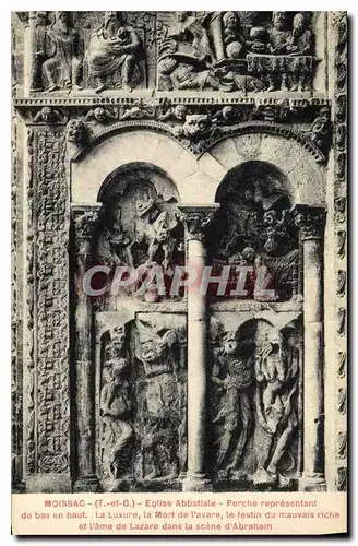 Cartes postales Moissac T et G eglise Abbatiale porche representant de bas en haut la Luxure la Mort de Pavare l