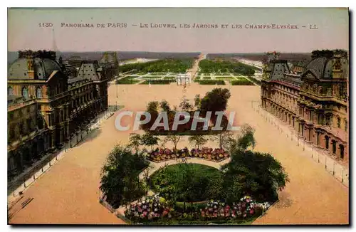 Cartes postales Panorama de Paris Le Louvre Les Jardins et les Champs Elysees