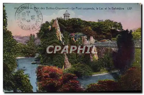 Cartes postales Paris Parc des Buttes Chaumont Le Pont suspendu le Lac et le Belvedere