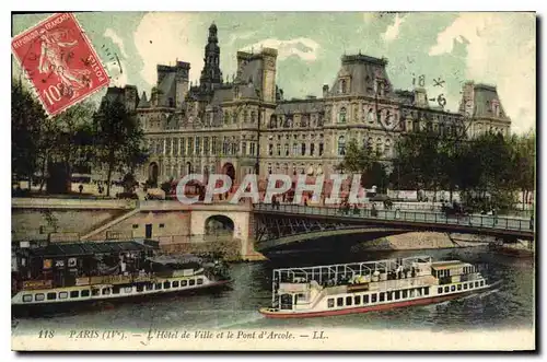 Cartes postales Paris IVe l'hotel de ville et le pont d'Arcole Bateau Peniche