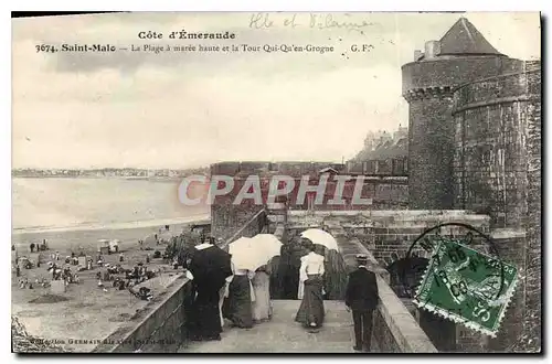 Cartes postales Saint Malo La Plage a Maree Haute et la Tour Qui Qu'en Grogne