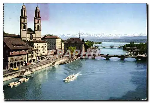 Moderne Karte Zurich und die Alpen Zunfthauser und Grossmunster an der Limmat