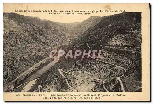 Cartes postales Gorges du Tarn Les Lacets de la Route du Causse Mejean a la Malene la plus accidentee des routes