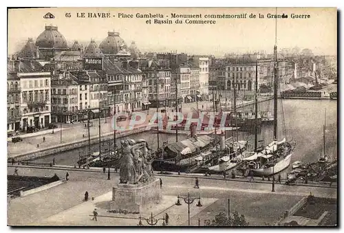 Cartes postales Le Havre Place Gambetta Monument commemoratif de la Grande Guerre et Bassin du Commerce Bateaux