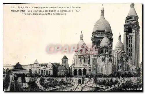 Cartes postales Paris La Basilique du Sacre Coeur avec l'Escalier Monument Les Nouveaux Jardins et le Funiculair