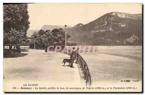 Cartes postales La Savoie Annecy Le Jardin public le Lac la montagne de Veyrier et le Parmelan Peche Pecheur