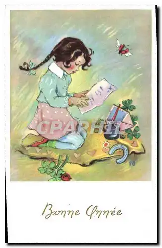Cartes postales Bonne Annee Enfant Fer a chevak Trefles