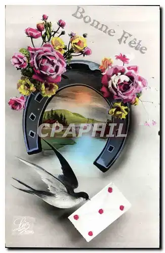 Cartes postales Bonne fete Fleurs Hirondelle Fer a cheval